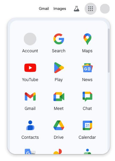Chrome Waffle Navigation panel example menu