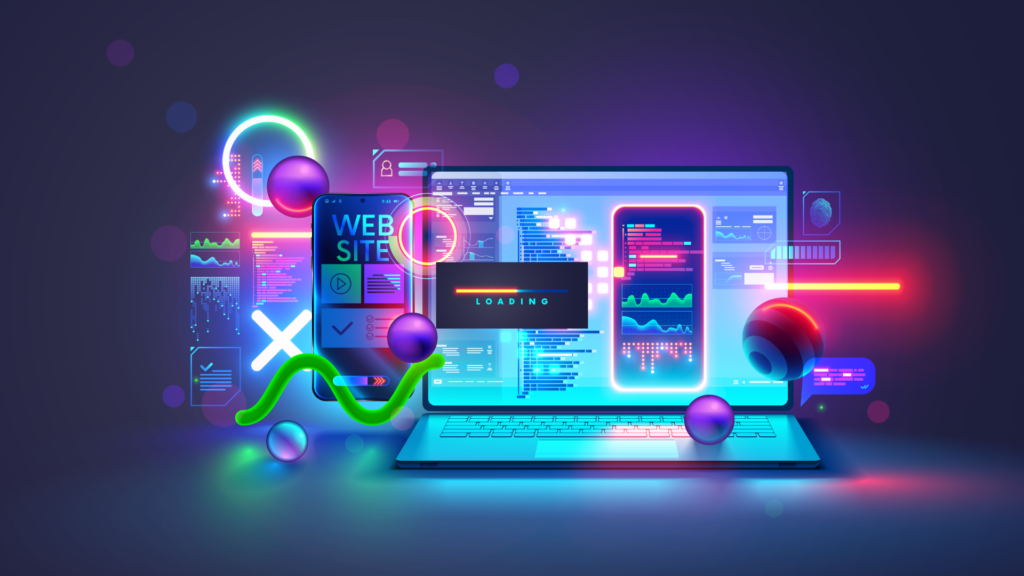 Header Image of elements of a website being built in bright neon